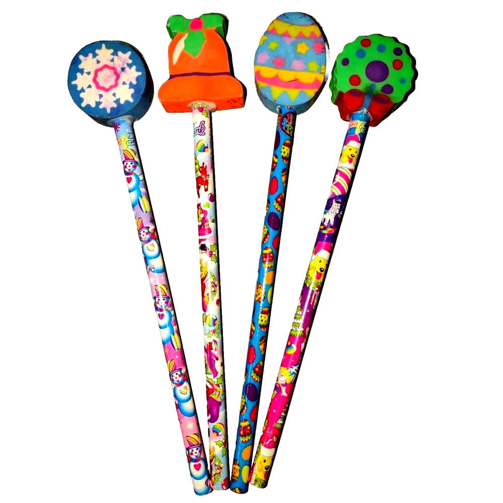 Lisa Frank Vtg Lot Of 4 Pencils W/ Seasonal Toppers Egg,Bell, Snowflake,Wreath